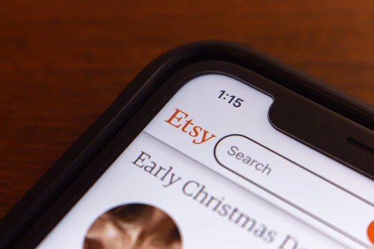 Vancouver, CANADA - Nov 8 2023 : Logo of Etsy seen in its website on iPhone screen. Etsy, Inc. is an US e-commerce company specialized in handmade or vintage items and craft supplies
