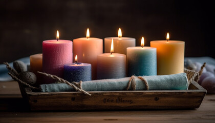 Fototapeta na wymiar Glowing candlelight illuminates rustic wood in a romantic still life generated by AI