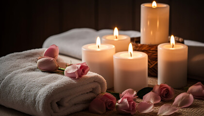 Fototapeta na wymiar Luxury spa treatment candlelight, aromatherapy, massaging, petal, relaxation beauty generated by AI