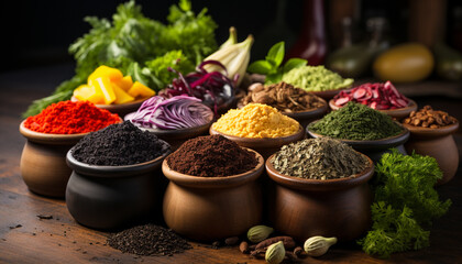 Fototapeta premium Variety of spices in wooden bowl, enhancing healthy vegetarian cooking generated by AI
