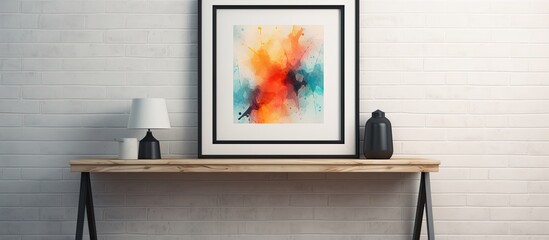 The vintage art poster displayed on the white wall features an abstract watercolor design with a textured black and grunge frame, creating a retro feel.