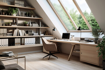 Interior design of modern scandinavian home office with desk and shelves
