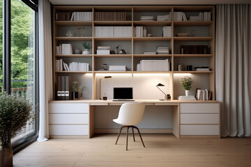 Interior design of modern scandinavian home office with desk and wooden shelves