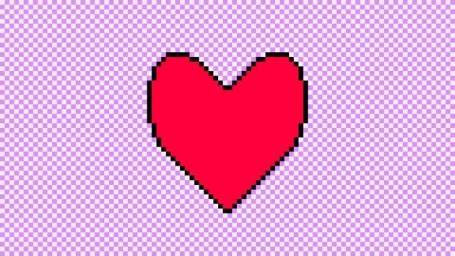 Red pixel heart beating on purple checkered background