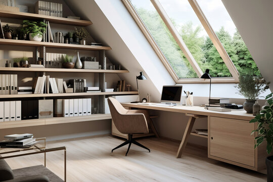 Interior Design Of Modern Scandinavian Home Office With Desk And Shelves