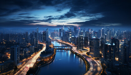 Fototapeta premium Glowing cityscape at dusk, modern architecture illuminates the night generated by AI