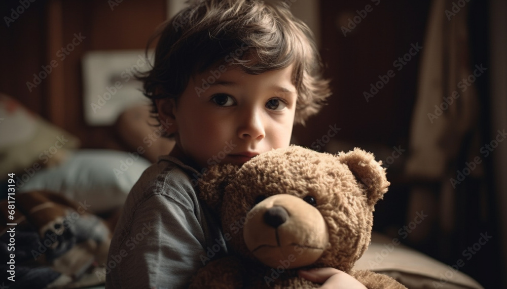 Poster Cute Caucasian boy smiling, holding teddy bear on comfortable bed generated by AI