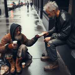 man gives food and money to homeless man with old clothes and messy dirty gray hair. sitting and begging money 'n food on an american street.
