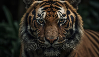 Fototapeta premium Bengal tiger staring, close up portrait of majestic striped big cat generated by AI