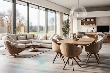 Living room with a soft feel in ivory and light brown tones - obrazy, fototapety, plakaty