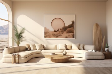 Living room with a soft feel in ivory and light brown tones