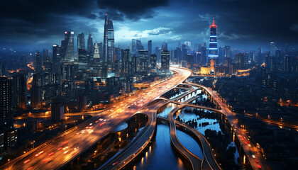 Fototapeta na wymiar City lights illuminate the modern skyline, a bustling urban night generated by AI