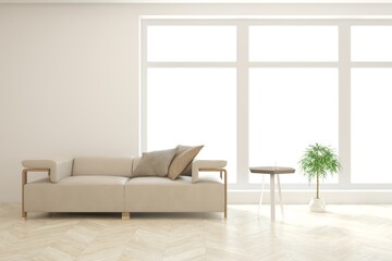 White scandinavian interior design with sofa. 3D illustration