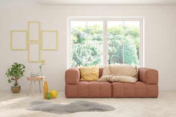 White living room with sofa. Scandinavian interior design. 3D illustration