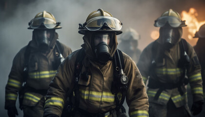Fototapeta premium Heroes in protective workwear and helmets rescue burning physical structure generated by AI