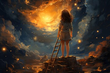 a girl is standing on a ladder with a full moon fantasy illustration