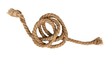 Rope made of jute in loops and knots on a white background. Linen twisted rope isolate. Scourge thread