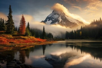 Mount Rainier National Park, Washington, United States of America, View from Picture lake of Mount Shuksan while the sunrise breaks through a incoming storm during the fall season, AI Generated - obrazy, fototapety, plakaty