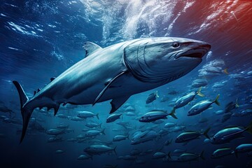 Great white shark Carcharodon carcharias, The underwater wild world with tuna fishes, AI Generated
