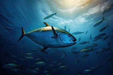 Tuna in blue ocean. Underwater world. 3d rendering, The underwater wild world with tuna fishes, AI...