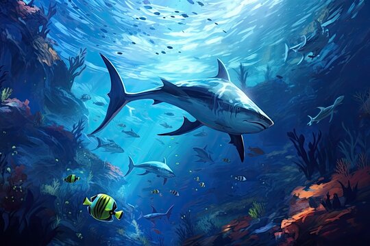Underwater scene with shark and corals. 3d illustration, The underwater wild world with tuna fishes, AI Generated