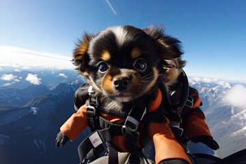 Cute chihuahua dog on the background of the mountains, Tibetan Spaniel puppies skydiving french alps, AI Generated