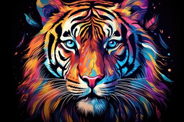 Tiger head with abstract colorful background. Vector illustration. Psychedelic design, Tiger. Abstract, multicolored, neon portrait of a tiger looking forward, AI Generated - obrazy, fototapety, plakaty
