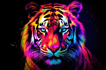 Tiger head in the colorful lights. Illustration of a tiger, Tiger. Abstract, multicolored, neon portrait of a tiger looking forward, AI Generated - obrazy, fototapety, plakaty