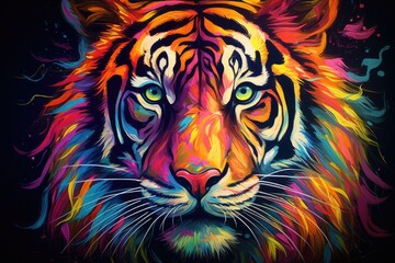 Colorful tiger head on colorful background. Abstract tiger portrait. Vector illustration, Tiger. Abstract, multicolored, neon portrait of a tiger looking forward, AI Generated - obrazy, fototapety, plakaty