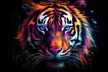 Tiger with a colorful background. Abstract illustration. Multicolored background, Tiger. Abstract, multicolored, neon portrait of a tiger looking forward, AI Generated - obrazy, fototapety, plakaty