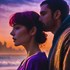 Obraz premium Couple in love stands thoughtfully on the seashore against the backdrop of sunset