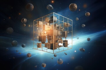 Abstract 3d render of cube in space with planets and stars, time in the fourth dimension, the universe, cosmos, infinite, cube, changing, eternity, AI Generated
