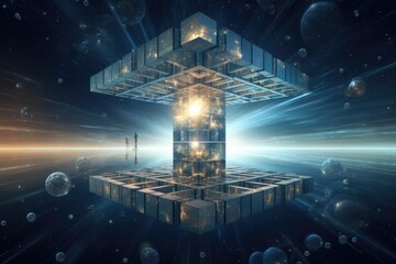 Futuristic technology interface, computer generated abstract background, 3D rendering, time in the fourth dimension, the universe, cosmos, infinite, cube, changing, eternity, AI Generated