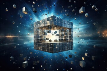 3D rendering of abstract cube in space with light rays and stars, time in the fourth dimension, the universe, cosmos, infinite, cube, changing, eternity, AI Generated