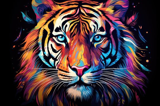 Tiger head with abstract colorful background. Vector illustration. Psychedelic design, Tiger. Abstract, multicolored, neon portrait of a tiger looking forward, AI Generated