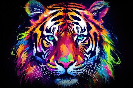 Tiger head with multicolored abstract background. Vector illustration, Tiger. Abstract, multicolored, neon portrait of a tiger looking forward, AI Generated