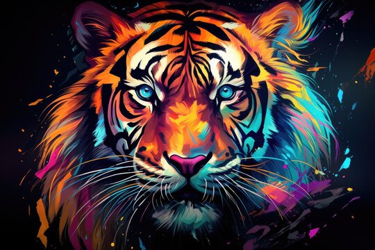 Tiger Face with Colorful Paint Splashes. Abstract Background, Tiger. Abstract, multicolored, neon portrait of a tiger looking forward, AI Generated