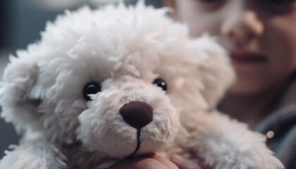 Child embraces fluffy puppy toy, pure love and innocence shown generated by AI
