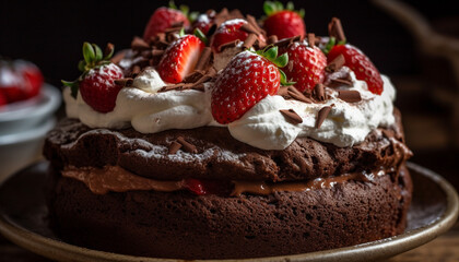 Indulgent homemade chocolate dessert with fresh berry decoration on rustic crockery generated by AI