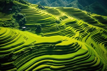 Green Terraced Rice Field in Mu Cang Chai, Vietnam, Top view or aerial shot of fresh green and yellow rice fields.Longsheng or Longji Rice Terrace in Ping An Village, Longsheng County, AI Generated