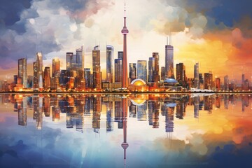 Shanghai skyline with reflection on Huangpu river, China, Toronto City Skyline Reflection, AI Generated - obrazy, fototapety, plakaty