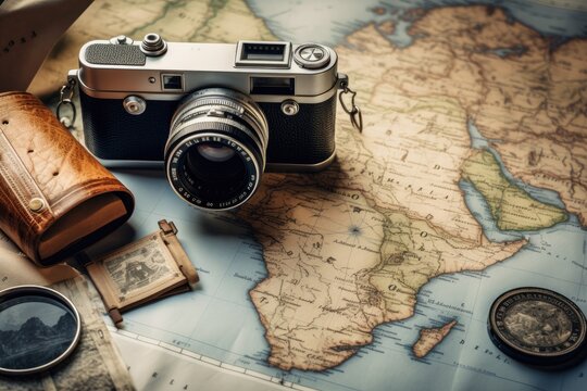 Vintage camera and map. Travel and adventure concept. Vintage tone, Top view travel concept with retro camera films, map and passport on blue background with copy space, AI Generated