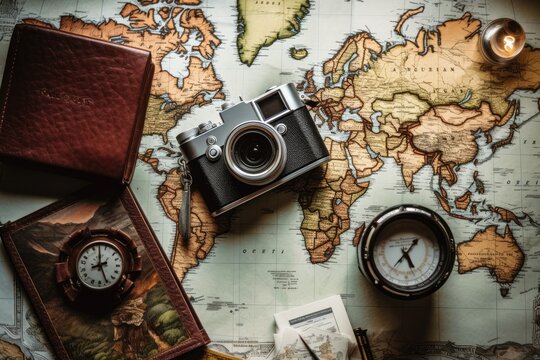Vintage camera and travel accessories on a world map. Travel concept, Top view travel concept with retro camera films, map and passport on blue background with copy space, AI Generated