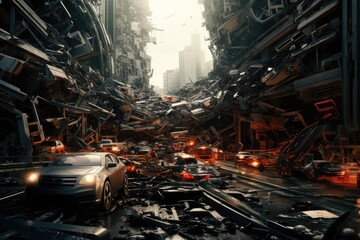 3D rendering of a big city with a lot of broken cars, traffic collapse, futuristic city chaos, AI Generated