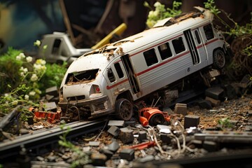 Abandoned railroad tracks with toy cars. Selective focus, Train crashes in car, AI Generated - obrazy, fototapety, plakaty