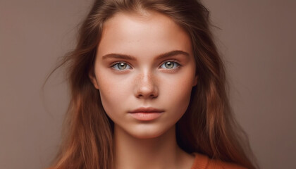 Naklejka premium Beautiful young woman with long brown hair looking at camera generated by AI