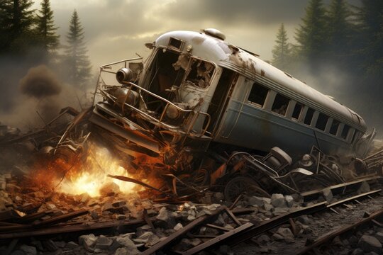 3d illustration of an old train wreck in the middle of the forest, Train crashes in car, AI Generated