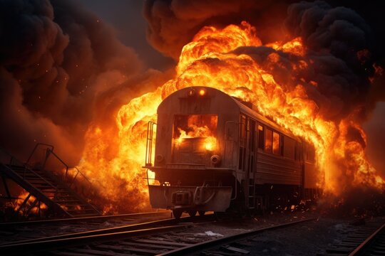 Burning train at railway station. Burning train in the night, Train on fire, disaster, AI Generated