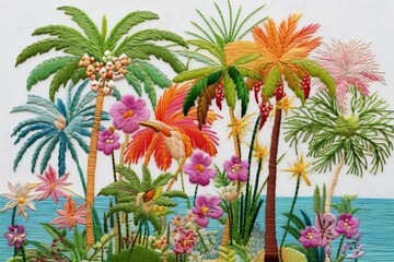 Fototapeta na wymiar Folk art, tropical flowers and palm tree on white background, Tropical embroidery with a coconut tree summer, AI Generated
