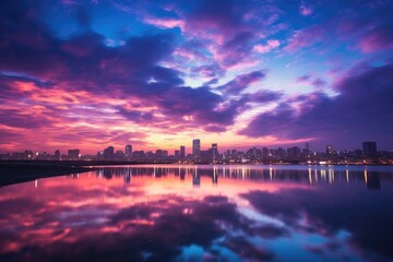 Fototapeta premium Beautiful sunset over the lake with cityscape and reflection in water, Twilight sky at han river in seoul city south Korea, AI Generated